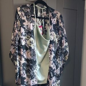 Sheer Floral Kimono Cover-Up with Pale Mint Camisole